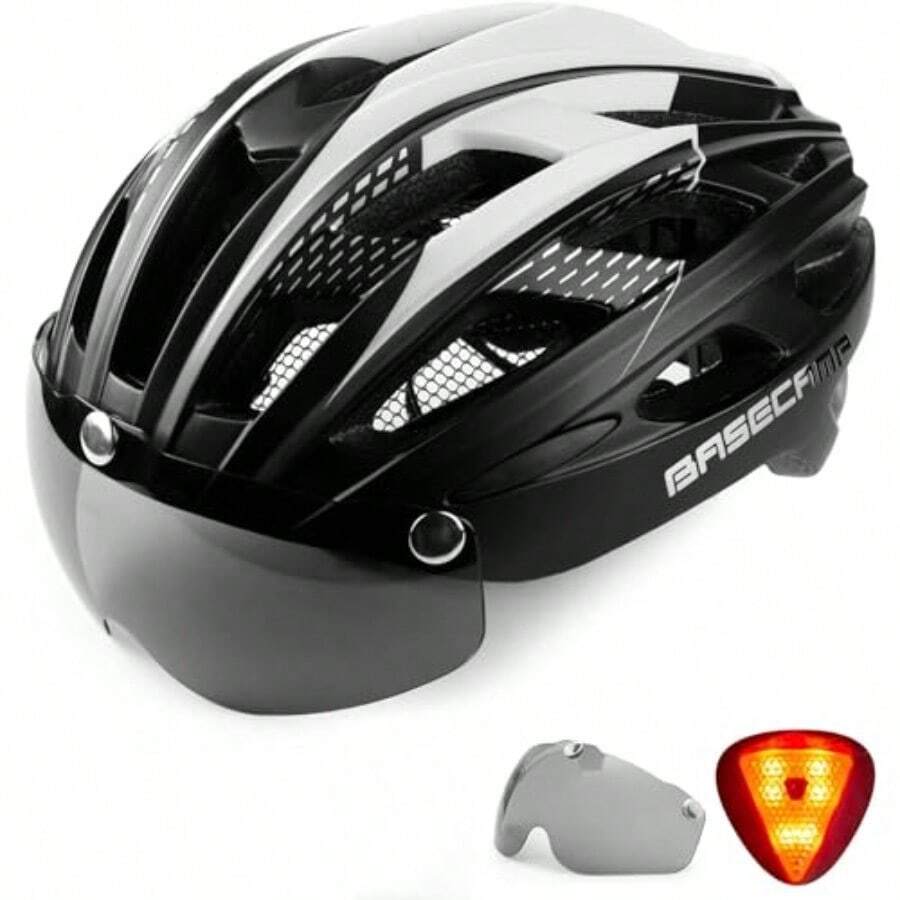 Casco Bicicleta Basecamp Casco para Bicicleta con Luz Trasera y Visera Magnéticas Desmontables y Mochila Portátil Casco Ciclismo Hombre Mujer Ligero Ajustable para Adulto Montaña y Carretera BC-069 - Blanco negro - Ver 1