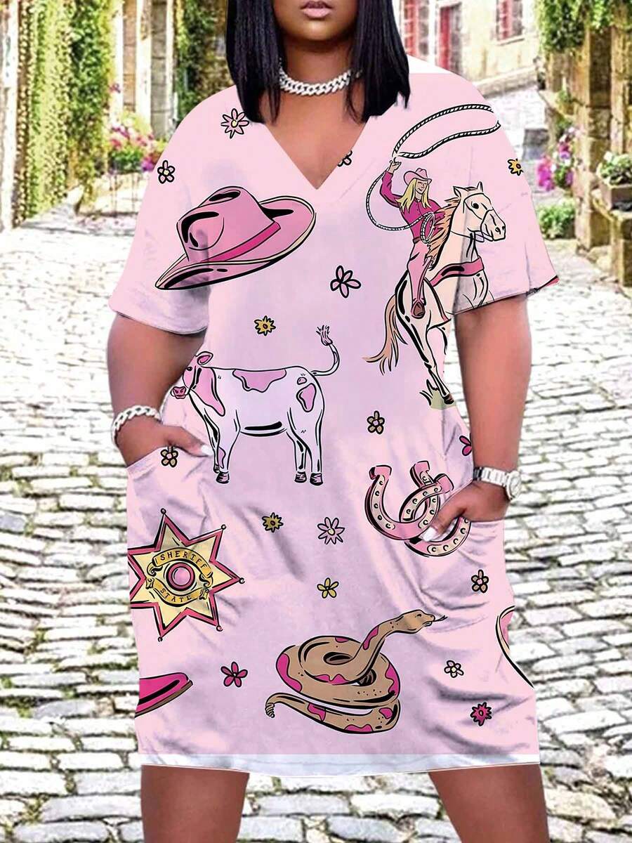 Pink Western Theme Print Women's Plus Size V Neck Dress With Pockets Comfortable Breathable Fashion Casual Outfit Womens Clothes Suitable For Leisure And Sports Activities 250g - Nhiều màu - Xem 1