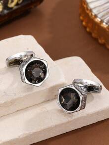 1pc Men's Silver Alloy Deep Blue Gemstone Cufflinks, Detachable Shirt Cuff Accessories Suitable For Parties And Gatherings - Silver - View 4