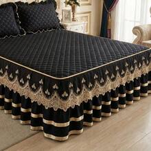 1pc Minimalist Comfortable Solid Color Quilted Lace Bed Skirt, Soft Skin-Friendly Dust-Proof Anti-Slip, Multiple Sizes Suitable For Bedroom Hotel Bedding (Pillow Case Not Included) - Black - View 4