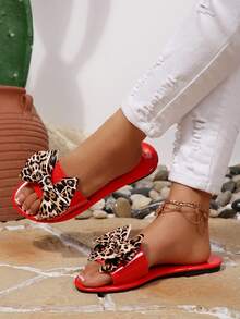 Women's Leopard Print Slip-On Comfortable Casual Fashion Red Flat Sandals, Lightweight Slippers For Summer - Leopard Print Shoe Flowers - View 9