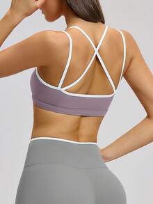 NcmRyu 1pc Women's Contrast Color Spaghetti Strap Criss-Cross Back Fitted Sports Bra Camisole - Purple - View 8