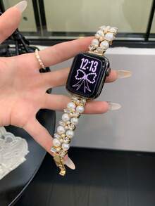 1条女士珍珠蝴蝶表带，时尚珍珠蝴蝶运动表带，兼容 Ultra/SE/11/10/9/8/7/6/5/4/3/2/1，45/49/38/40/41/42/44/46毫米 - 金色 - 查看 1