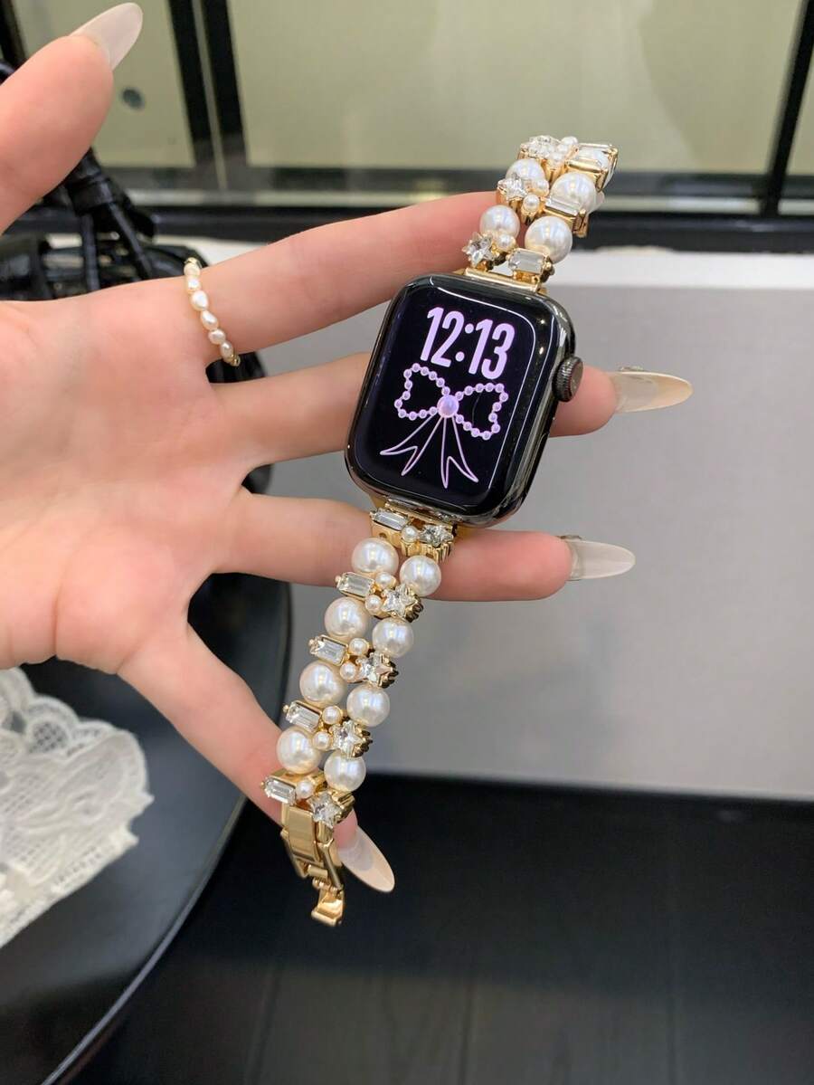 1条女士珍珠蝴蝶表带,时尚珍珠蝴蝶运动表带,兼容 Ultra/SE/11/10/9/8/7/6/5/4/3/2/1,45/49/38/40/41/42/44/46毫米 - 金色 - 查看 1