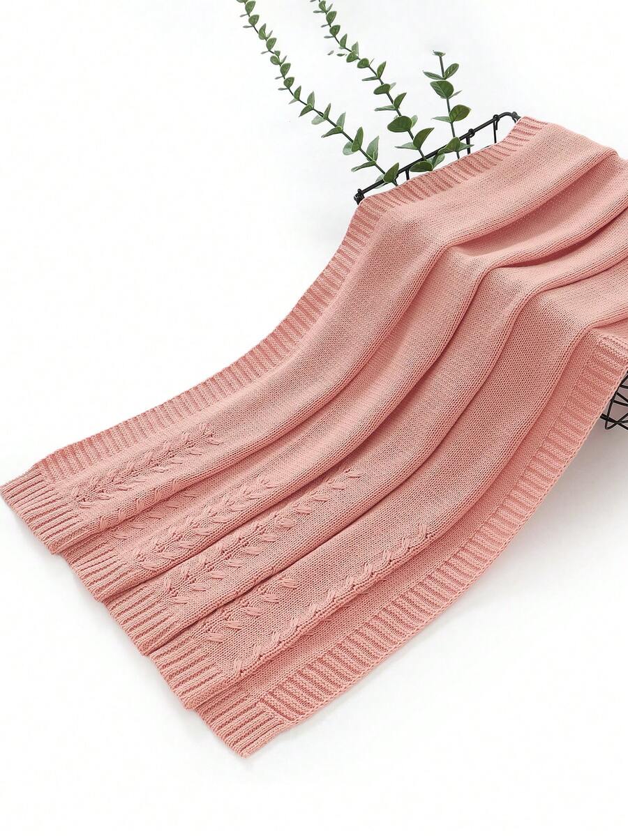 1 pieza Manta de punto de unicolor para bebé, Edredón suave con diseño de hojas para bebé, Manta minimalista para todas las estaciones para niños pequeños - Rosa - Ver 1