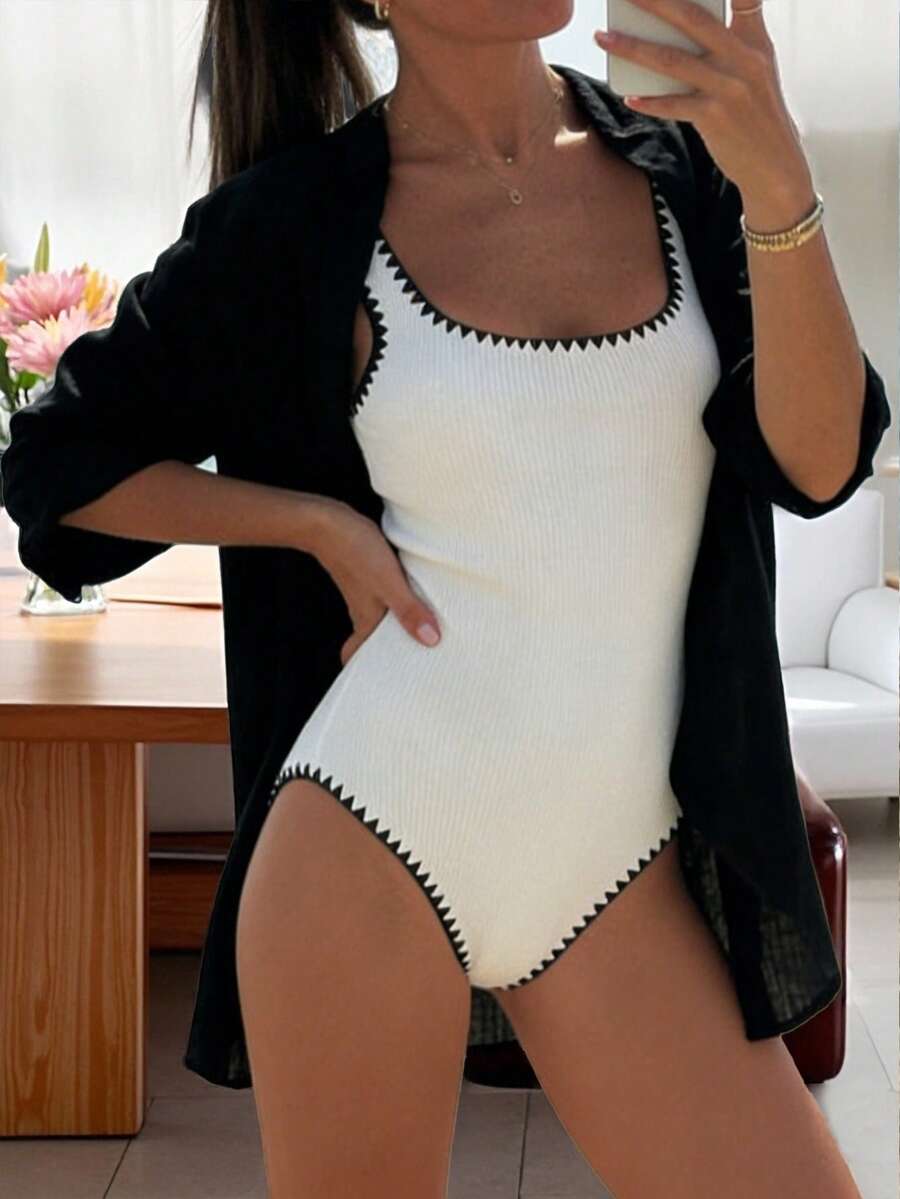 Get Rich A Vacation Outfits Women Summer Outfits For Women Beach Outfits For Woman Fashionable Elegant Casual Comfortable Fine Needle Vacation Beach Seaside Sexy Slim Fit Collision Color Trimmed Square Neck Sleeveless White Knitted Ladies Jumpsuit Spring