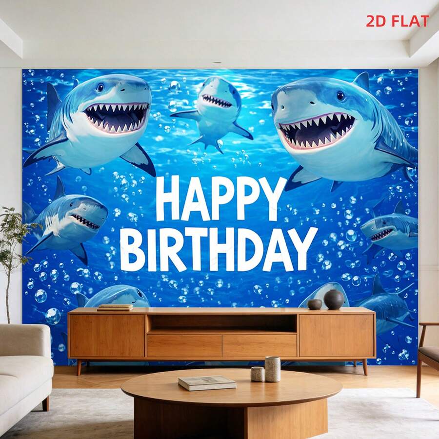 2D Flat - 2D Flat - A Large Tapestry Featuring A Cheerful Underwater Scene With Sharks, Perfect For Birthday Celebrations And Room Decor. Ideal For Bedrooms, Living Rooms, Meditation Spaces, Offices, And Party Settings - 1PC - View 1