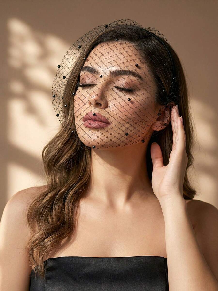 1件黑色串珠鸟笼面纱，适合用作新娘婚礼头饰、婚礼摄影道具、女士下午茶会、派对头饰