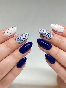 Bộ 24 miếng dán móng tay hình hạnh nhân mùa hè, kiểu dáng cổ điển thanh lịch, màu xanh biển bóng bẩy, họa tiết nơ thắt cổ áo, làm sáng móng, thời trang đa năng cho các buổi hẹn hò, tiệc tùng, sử dụng hàng ngày vào mùa xuân/hè, thu/đông. Bộ móng giả dán tháo rời kèm gel dẻo và dũa, giao gel dẻo ngẫu nhiên. - Xanh đậm - Xem 5