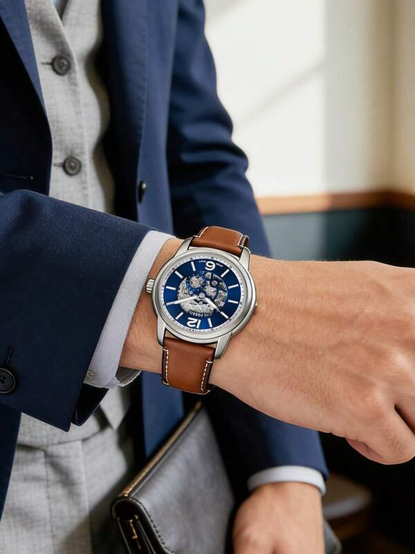 Đồng hồ nam FOSSIL chính hãng, mặt số lộ máy màu xanh lam, vỏ thép không gỉ màu bạc, mặt kính sapphire, dây da màu nâu, đồng hồ cơ tự động, dự trữ năng lượng 42 giờ, chống nước 5ATM, món quà hoàn hảo ME3263