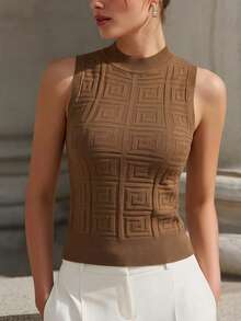 Women's Summer Embossed Knit Camisole Top, Brown, Sleeveless Mock Neck Slim Fit Elegant Casual Wear For Commuting, Dating, Work, Weddings, Workplace, Holidays - Coffee Brown - View 7
