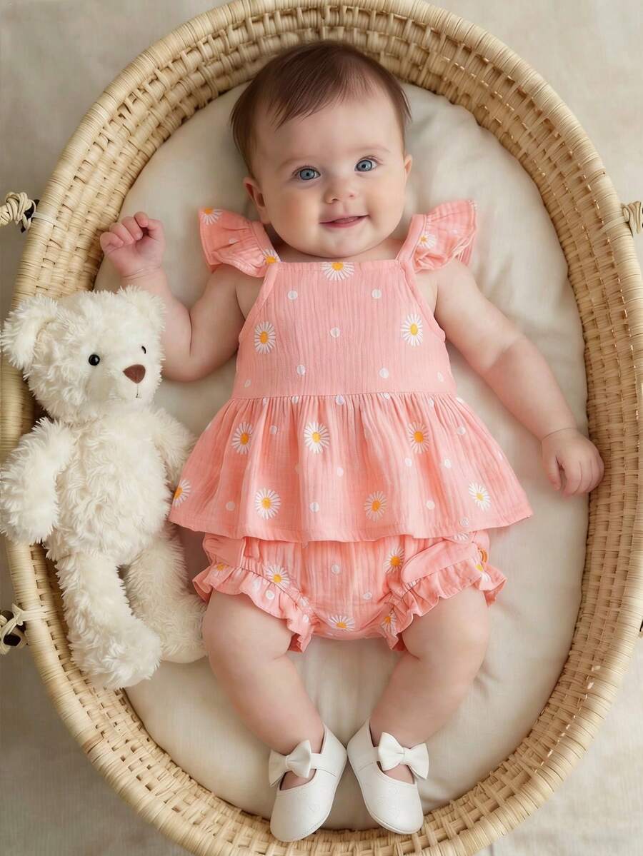 2pcs Baby Girls Cute Fresh Cap Sleeve Camisole Top + Shorts Set, Forest Style Summer Outfit - Pink - View 1