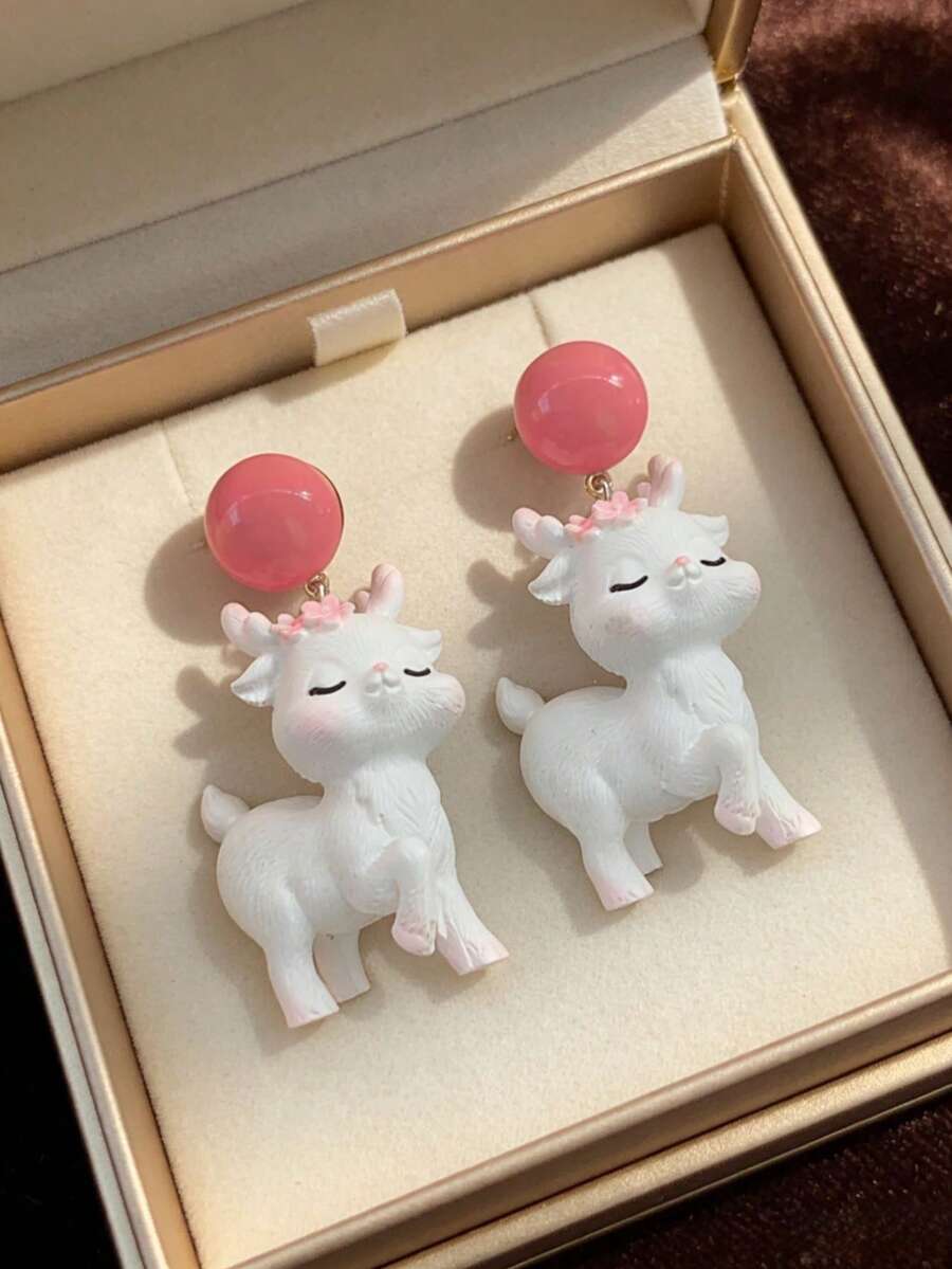 1 Pair Cute Resin Faux Deer Earrings, Suitable For Women's Party, Date, Beach Holiday, Daily Outfit, Gift - Footed Style - View 1