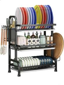 2-Tier Dish Drying Rack For Kitchen Countertops. Includes A Drip Tray And Mat, Cutlery And Cup Holders. A Great Gift For Ladies, Perfect For Mother's Day Kitchen Organization And Storage. Dishes/Knives/Cups/Cutting Boards, Black. - Xem 8