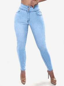 Quần jeans nữ cạp cao, co giãn tốt, cài nút, kiểu yoga, màu trơn, thích hợp mặc đi làm, hẹn hò, Giáng sinh, mùa xuân. - Xanh và trắng - Xem 2