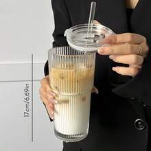 2PCS Striped Glass Cups, Lidded Straw Coffee Cups, Portable Hot Drink Cups, Suitable For Office And Outdoor Travel, Stylish Straw Cups, MinimalistCoffee Cups, Transparent Glass Straw Cups, Office Coffee Cups, Lidded Straw Glass Coffee Cups, Back-To-School Styles - 2 cái - Xem 6