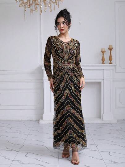 JINLICX Đầm dạ hội dài tay, cổ chữ V, ôm sát, đính sequin, thích hợp cho các buổi tiệc, sự kiện trang trọng và đám cưới.