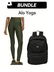 Alo 透气轻盈亲肤柔软弹力紧身裤套装，适合日常健身瑜伽，女款，橄榄绿/黑色 W5766r-橄榄绿 - 綠色-黑色 - 查看 1