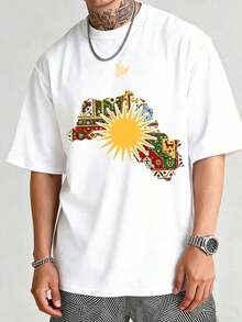1 Piece T-Shirts With Kurdish Patterns, T-Shirts With Map Pattern, Men's Casual T-Shirts In Pure Cotton, Comfortable And Casual Style, Fashionable And Versatile T-Shirts, Suitable For Daily And Outdoor Activities, Streetwear, Summer T-Shirts, A Gift For Men. - Black - View 7