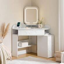 CLIPOP Large LED Dressing Table With Mirror, Dressing Table With Glass Top, Adjustable Brightness, Dressing Table With Sockets, Cosmetic Table With 3 Drawers And 1 Cabinet, White - trắng - Xem 10