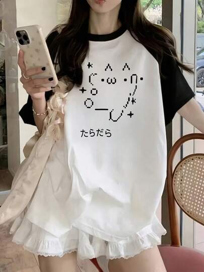 女士夏季圆领短袖T恤，卡通印花，适合夏季、海滩、街头、日常、工作、办公室派对、郊游、嘉年华、音乐节、情人节、聚会等场合。时尚女式上衣，女士度假装。优雅的办公室装、可爱上衣、女士度假套装、约会之夜连衣裙、女士优雅衬衫、夏季休闲装、女士度假装。
