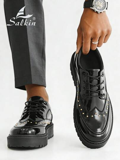 Salkin 4.5cm Thick Sole Anti-Slip Durable Men's Designer Shoes, Glossy Patent Leather With Bee Decor, Rivet Accent, Suitable For Casual, Social, Office, Party, Wedding And Other Occasions, Also Ideal For Couple Dates, Romantic Dinners, Holiday Gifts, Back-To-School Students. Recommend Sizing Up One Size.