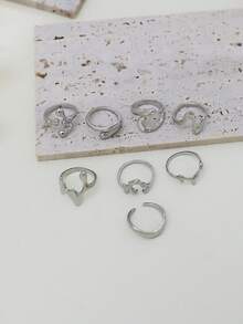 Set de 8 anillos de metal liso asimétrico vintage, anillos geométricos para mujer, aptos para uso diario - Plateado - Ver 3
