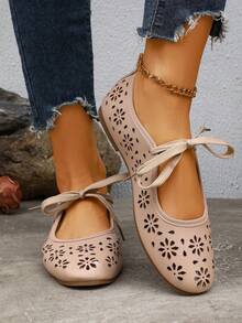 女士新款夏季时尚运动交叉镂空蝴蝶结装饰芭蕾舞鞋，简约百搭纯色平底鞋 - 杏色 - 查看 4