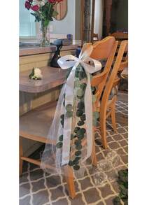 婚礼走道长椅套装，白色仿毛皮长椅套，配丝带蝴蝶结和人造桉树花环，适用于婚礼仪式走道长椅 - 查看 5