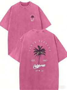 100% Cotton Double-Sided Santa Barbara Palm Tree Print Tee Unisex, Washed Short Sleeve Top, Y2K Streetwear Gift For Boyfriend Husband Daily Outfit - 玫紅色 - 查看 8
