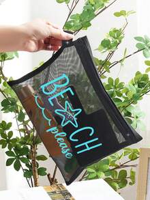 Túi đựng mỹ phẩm lưới thoáng khí in hình sao biển nhiệt đới màu đen - Túi đựng đồ trang điểm bằng nylon với dòng chữ "Beach Please", nhẹ và tiện dụng cho bãi biển, hồ bơi, sử dụng hàng ngày, món quà lý tưởng cho Ngày của Mẹ. - Nhiều màu - Xem 7