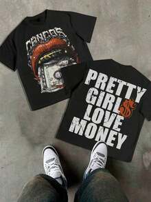 Fly "I Want Your Money" Hip-Hop Flow T-Shirt Pure Cotton Double-Sided Printed T-Shirt, Suitable For Men And Women, The Best Gift For Summer Casual Short Sleeved T-Shirt-Premium Cotton Graphic Printed Round Neck T-Shirts-Unisex Loose - Fit Comfortable Vintage Street - Style Cotton T - Shirt Top,"Pretty Girls Love Money - Red Lips & Dollar" Graphic T‑Shirt: Features Golden Gun Details And "CHICOS" Letter Print On The Front, With Bold "PRETTY GIRLS LOVE MONEY" Lettering On The Back - Đen 2 - Xem 10