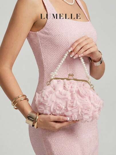 Túi xách cầm tay nữ màu hồng thanh lịch với họa tiết hoa 3D, tay cầm đính ngọc trai và hoa hồng 3D, túi dự tiệc, ví cầm tay cô dâu có dây đeo vai bằng xích vàng có thể tháo rời, thích hợp cho tiệc cưới, dạ hội và các dịp trang trọng.