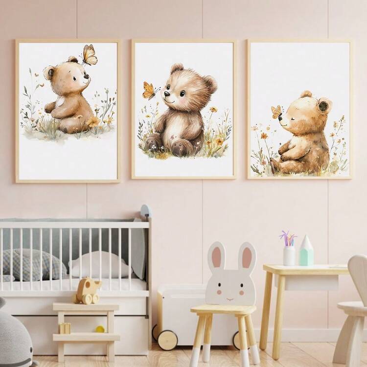 3pcs Canvas Wall Art Set, Teddy Bear Theme Children's Room Wall Decor, Minimalist Bohemian Style Kids Room Wall Art, Neutral Color Cartoon Animal Poster, Suitable For Nursery, Bathroom, Playroom - Multicolor - View 7