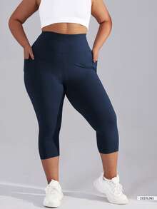 Plus Size High Waist Tummy Control Capri Length Leggings With Pockets, Women Yoga Pants - Navy Blue - View 3