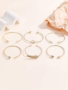 6pcs Fashionable Versatile Leaf, Heart & Geometric Bangle Bracelets, Suitable For Women's Daily Wear, Party, Jewelry Gift, Summer Accessories - Yellow Gold - View 2