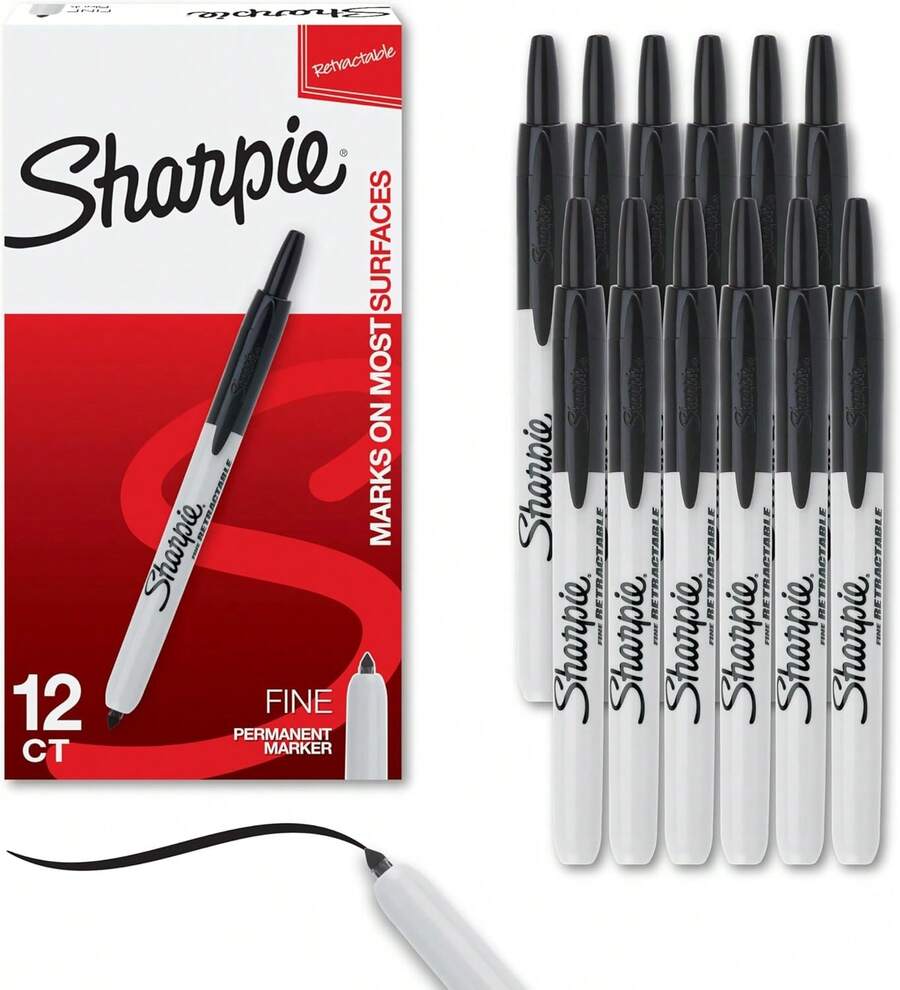 Sharpie Retractable Permanent Markers, Fine Tip, Black, 12 Count - Desk, Classroom, Office Supplies - 12 Count Assorted - View 1