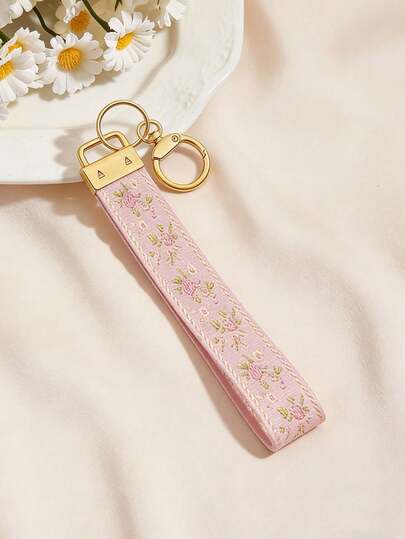 1pc Zinc Alloy Keychain Strap, Jacquard Woven Strap Keychain, Bag Charm Keychain Accessory, Wristlet Keychain, Printed Woven Keychain, Women's Car Keychain, Women's Fashion Keychain, Universal Keychain Pendant For Women