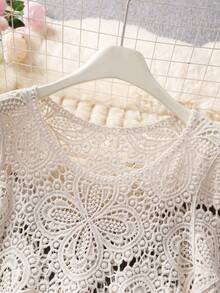 Vacation Style Casual Crochet Sheer Round Neck Short Sleeve Pullover, Bohemian Beach Resort Knit Sweater, Spring/Summer - Apricot - View 3