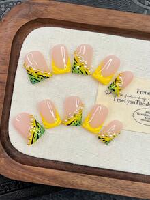 10pcs Y2K Nails Pipe-Shaped Press On Nails Set - Handcrafted, Pink Nails, Yellow Nails, Yellow And Green Gradient French Tip Nails, Hand Drawn Black Zebra Stripe And Yellow French Tip Style Design, Hand Drawn Green And Yellow Gradient Nails, Sparkling White Pearl And Gold Little Steel Ball Decoration - Nhiều màu - Xem 10