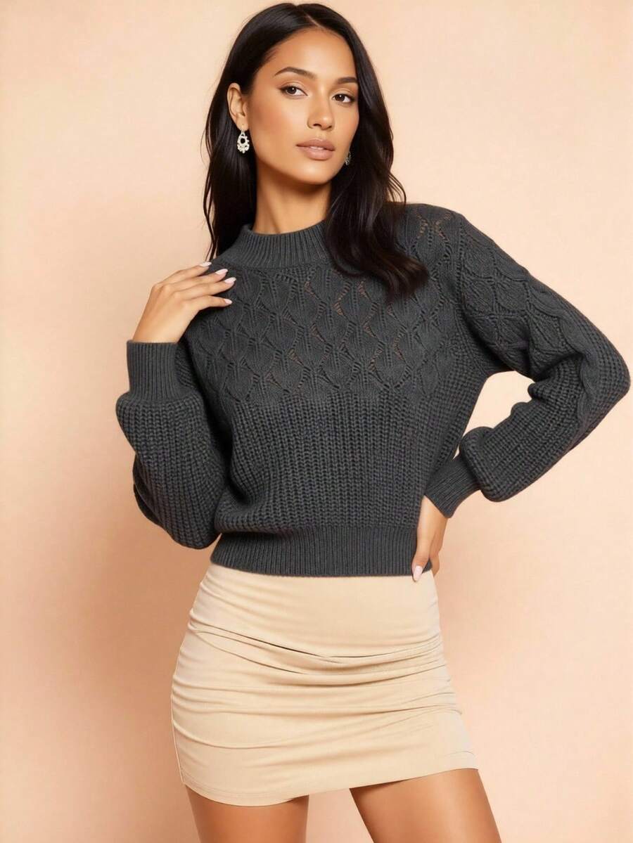 Women's Winter Cropped Basic Knit Blouse - 深灰色 - 查看 1