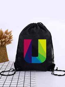 1pc Geometric Colorblock A-Z Letter Drawstring Backpack, Rainbow Letter Print Cinch Bag, Lightweight Sports Fitness Travel School Backpack - Black - View 19