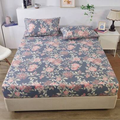 3 piezas Juego de sábana ajustable con estampado de rosa 100% poliéster cepillado [1 sábana ajustable + 2 fundas de almohada], adecuado para dormitorio, ropa de cama para todas las estaciones