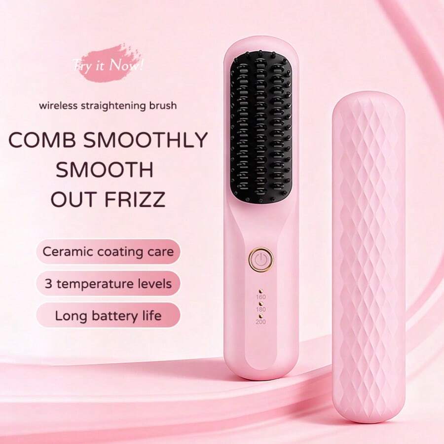 Wireless Ceramic Hair Straightening Brush, 3 Adjustable Temperature Levels Cordless Mini Straightener Comb, Long Battery Life Anti-Frizz Portable Travel Hair Styling Tool For Smooth Frizzy Hair