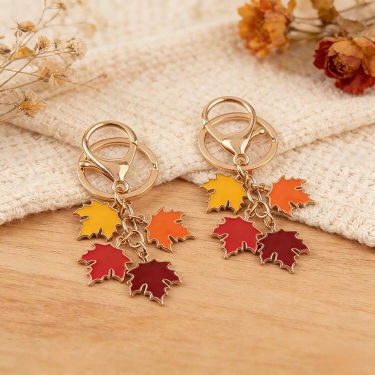 2pcs Natural Gradient 4-Color Maple Leaf Zinc Alloy Keychain, Artistic Ombre Maple Leaf Enamel Decoration For Clothes, Bags, Cars, Thoughtful Gift For Friends And Students Gifts For Mother, Father, Graduation, And Teacher - Multicolor - View 3