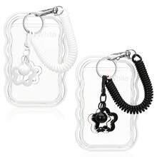 1 Set Clear Photocard Holder Keychain For Kpops - Protective Card Protector Sleeve With Star Wave Design | ID Badge, Bus Pass, Student Card, Photo Keyring - Card Sleeve + Spring + Pendant - View 2