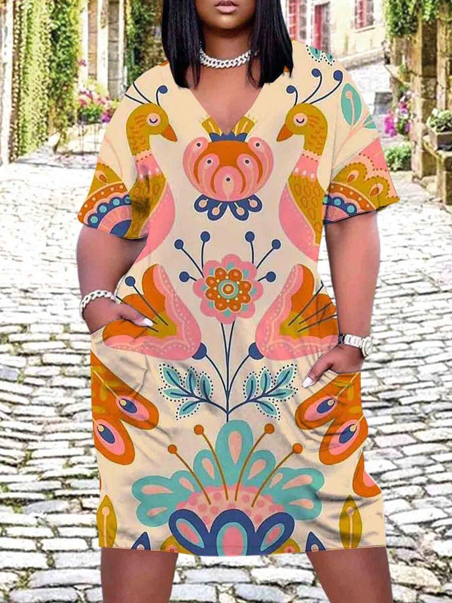 Womens Plus Size V Neck Dress With Pockets Colorful Peacock And Floral Print Comfortable Breathable Fashion Casual Outfit For Festivals Gifts Womens Clothes 250g - 彩色 - 查看 1