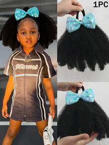 Synthetic 8inch Kinky Curly Ponytail With Shiny Bow Drawstring Tie Straps Ponytail Hairpiece For Kids 1pc - Black - View 12