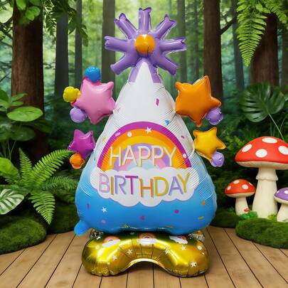 1pc Standing Rainbow Birthday Hat Foil Balloon, Suitable For Birthday Party, Gathering Decoration, Anniversary, Holiday Celebration, Outdoor Party, Scene Atmosphere, Photo Decoration Balloon, Indoor Room Decor Balloon