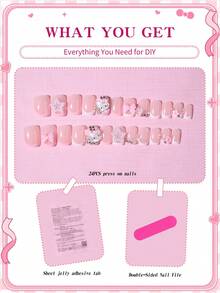 SANRIO Bộ 24 móng tay giả ngắn hình vuông kiểu Pháp, trang trí 3D dễ thương với hình ngôi sao, hoa, nơ, ngọc trai và đá quý, màu hồng dành cho bé gái, vừa khít, bao gồm 1 keo dán và 1 dũa móng, dụng cụ làm móng cho bé gái sử dụng hàng ngày, dự tiệc và tụ họp. - Nhiều màu - Xem 4